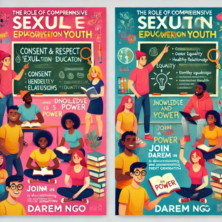 Two illustrated posters about comprehensive sexual education, consent and respect.