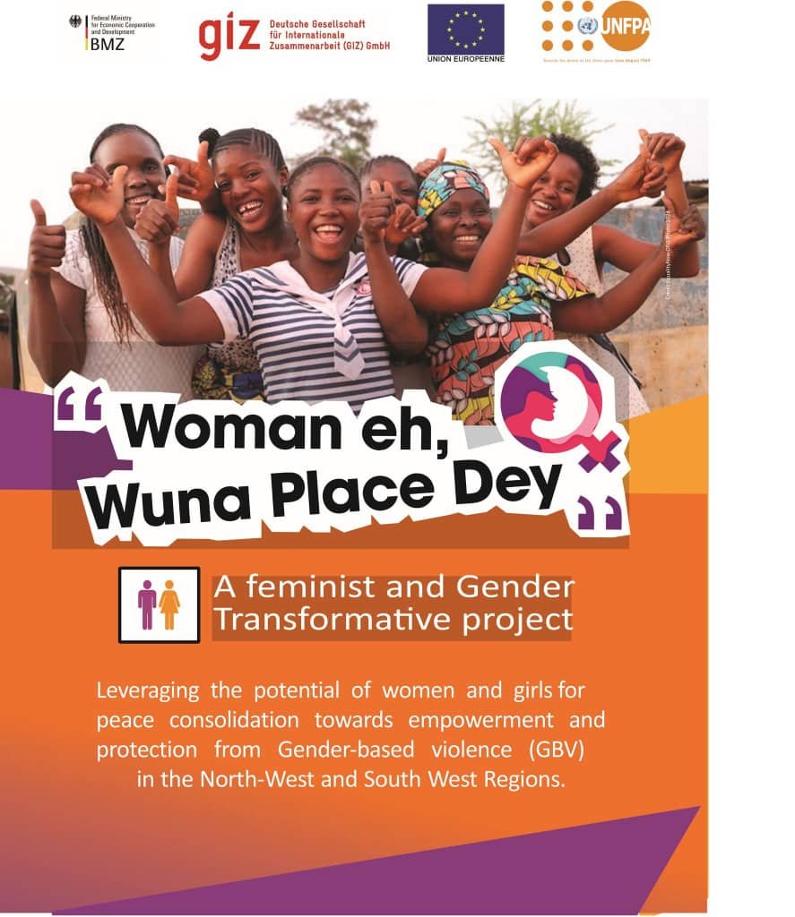 Project poster with the slogan “Woman eh, Wuna Place Dey” and a photograph of participants.